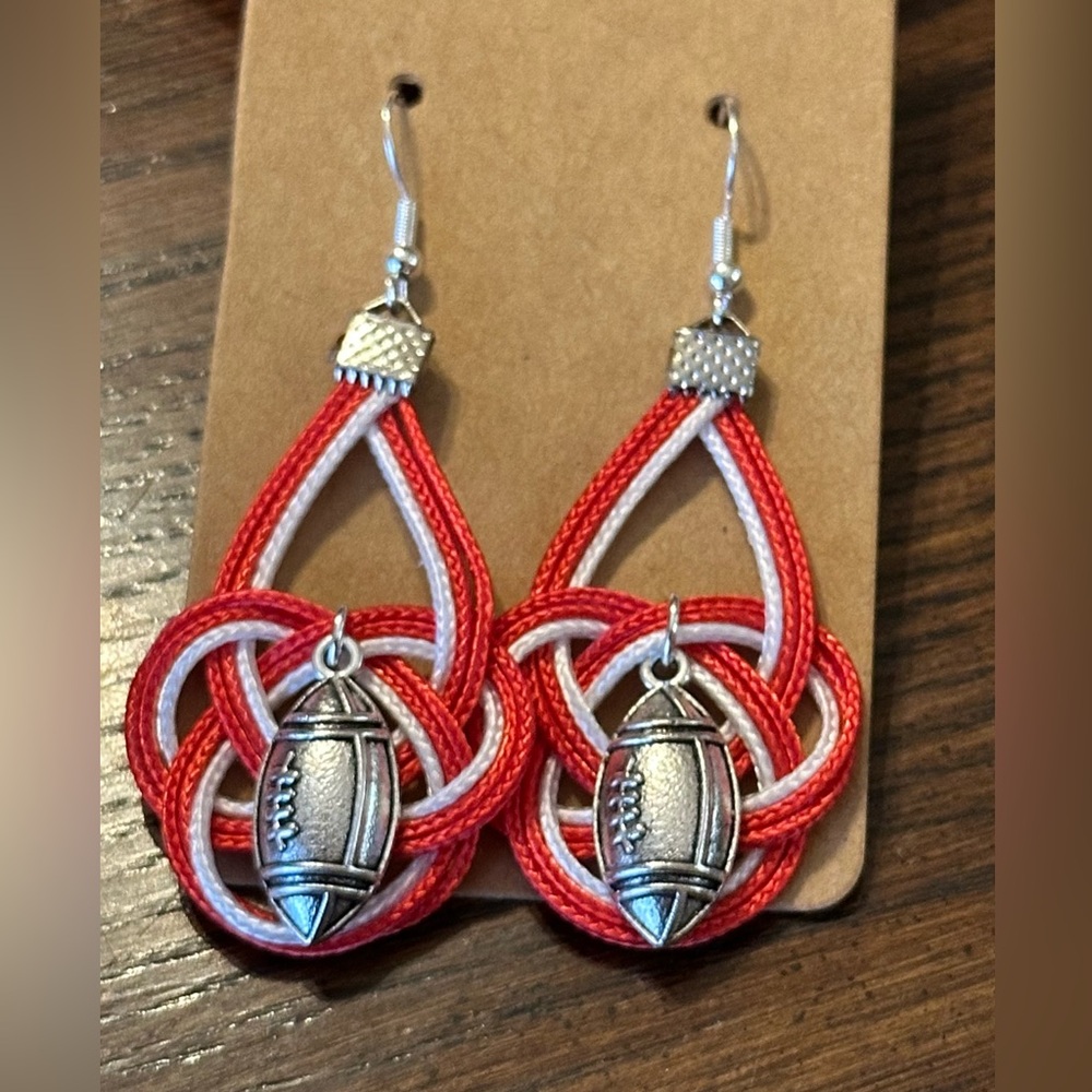 Handmade Football Earrings with Red and White Paracord - Picture 2 of 2